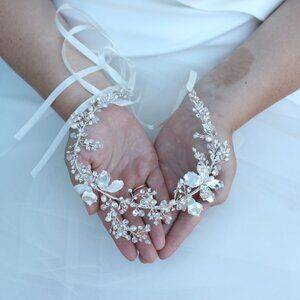 Bridal Jewelry silver bridal headband with white ribbon Bridal hair jewelry